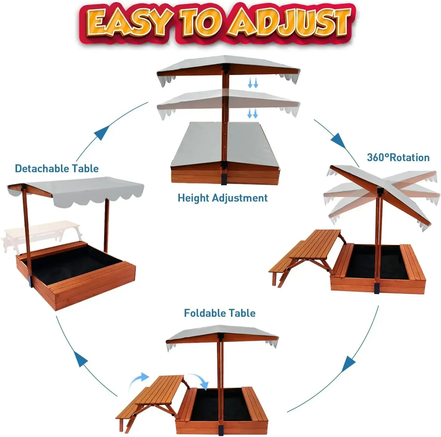 Bestseller Kinder-Sandkasten mit Deckel Outdoor-Sandkiste mit Picknicktisch Faltbar, Sandkasten mit Abdeckung für 4-8 Jahre, Verstellbar