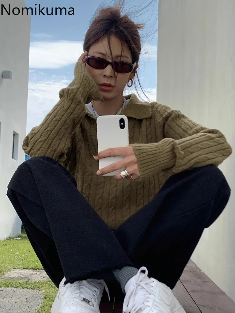 

Korean Sueter Mujer Knitted Ribbed Sweater Coat Women Clothes Turndown Collar Casual Fashion Jumper Loose Vintage Pullovers Tops