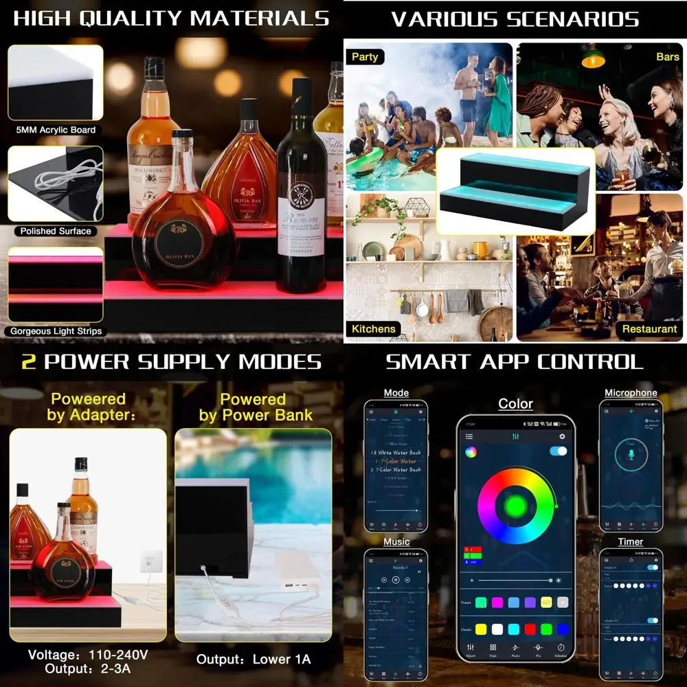 

2-Tier 16 LED-Illuminated Bar Shelf with Remote & App Control for Home, Party, and Bottle Displays