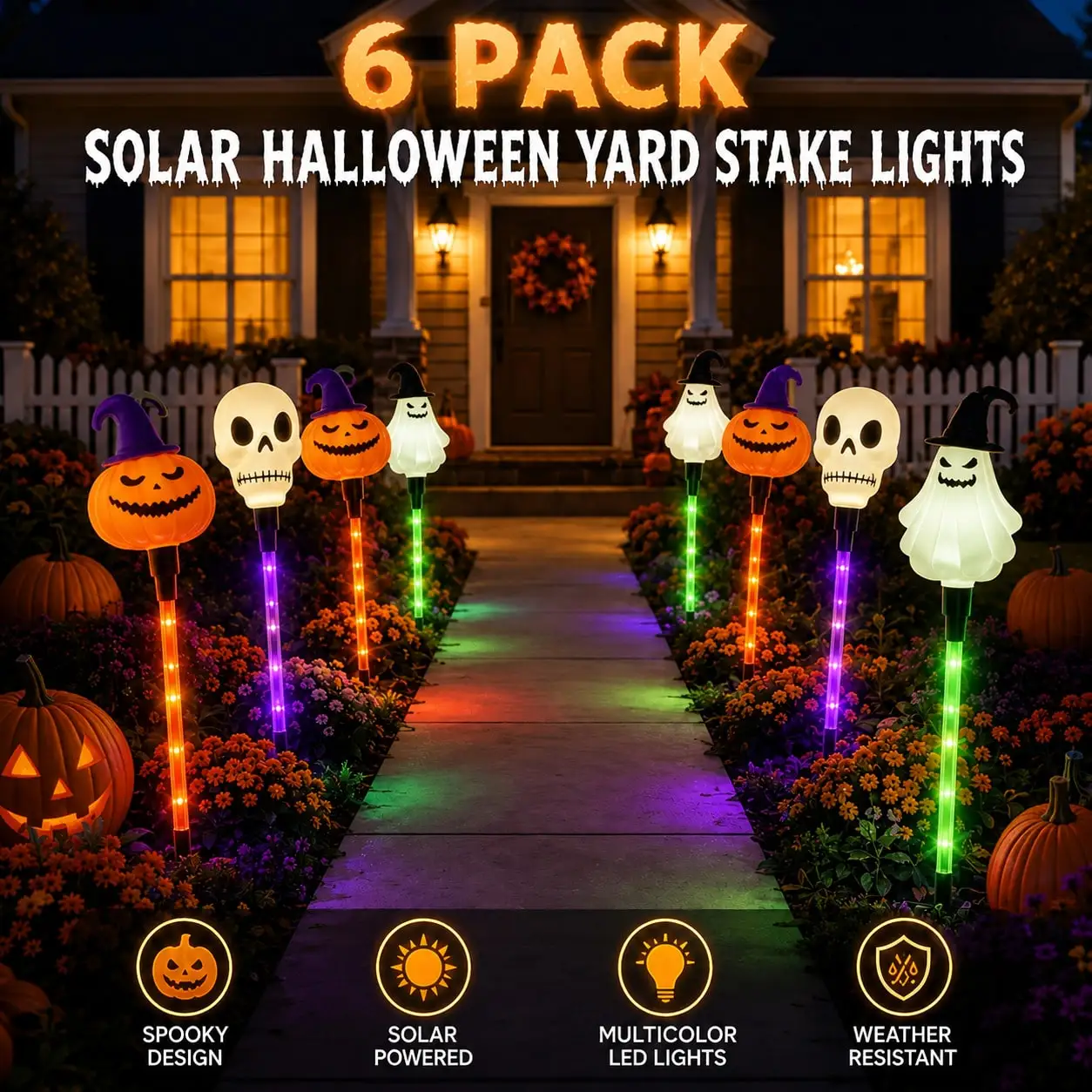 UMEUC 6 Pack Halloween Solar Lights, Pumpkin Ghost Skull Mixed Set, 8 Modes Auto On/Off IP44 Waterproof, Spooky Garden Decor For Yard Graveyard Haunted House sr260811174657856622477