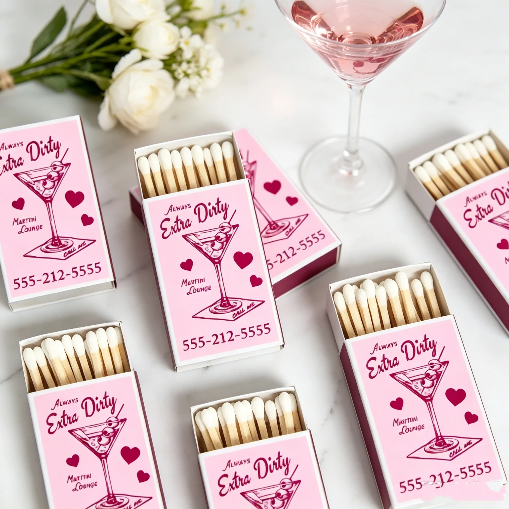 

BULK SET OF 50 Personalized Wedding Shower Matches - Custom Wedding Favors and Bridal Shower - Custom Party Favor - Martini Them
