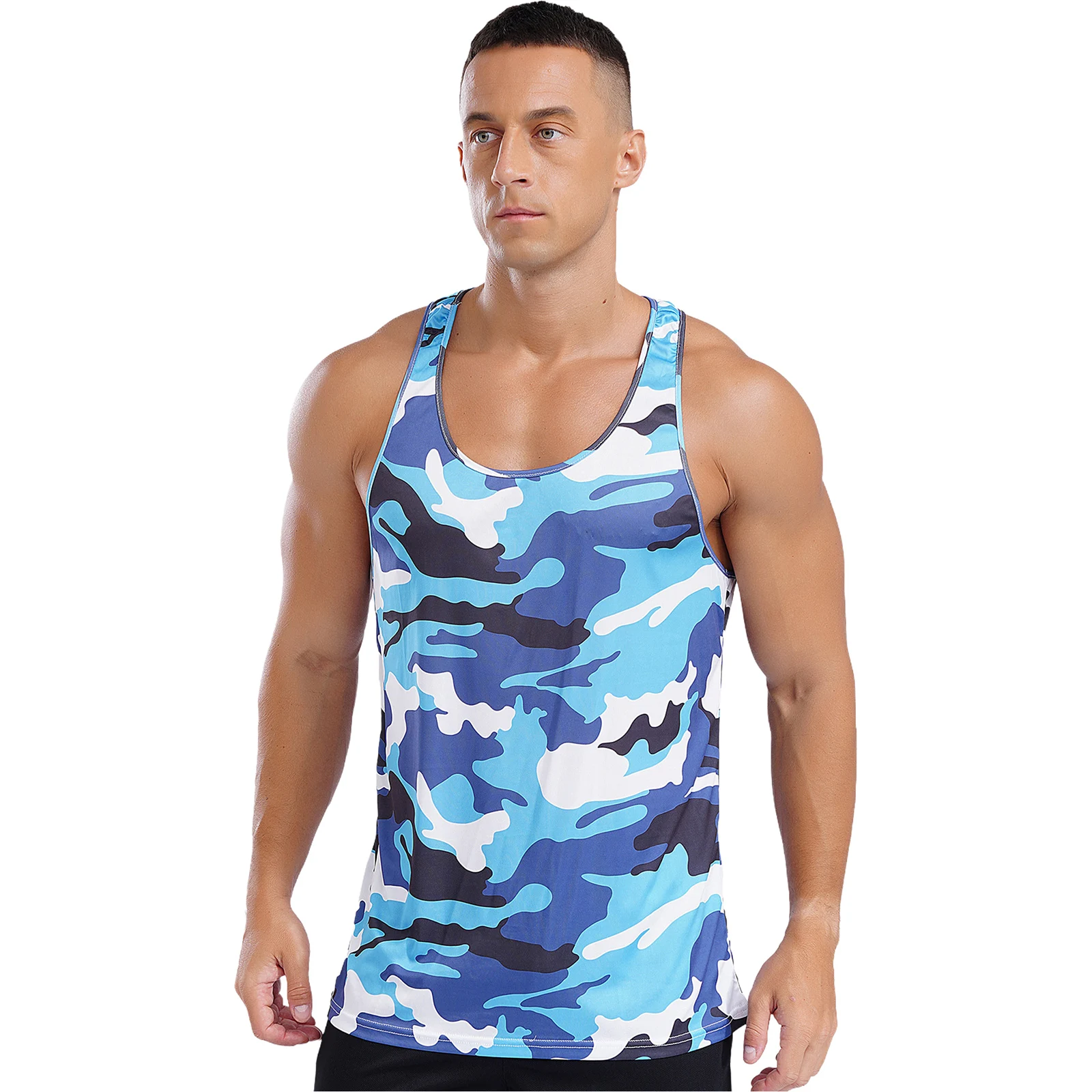 Mens Fashion Tank Tops Camouflage Print Sport Vests Scoop Neck Curved Hem Muscle Loose Sleeveless Tops for Fitness Running Tanks