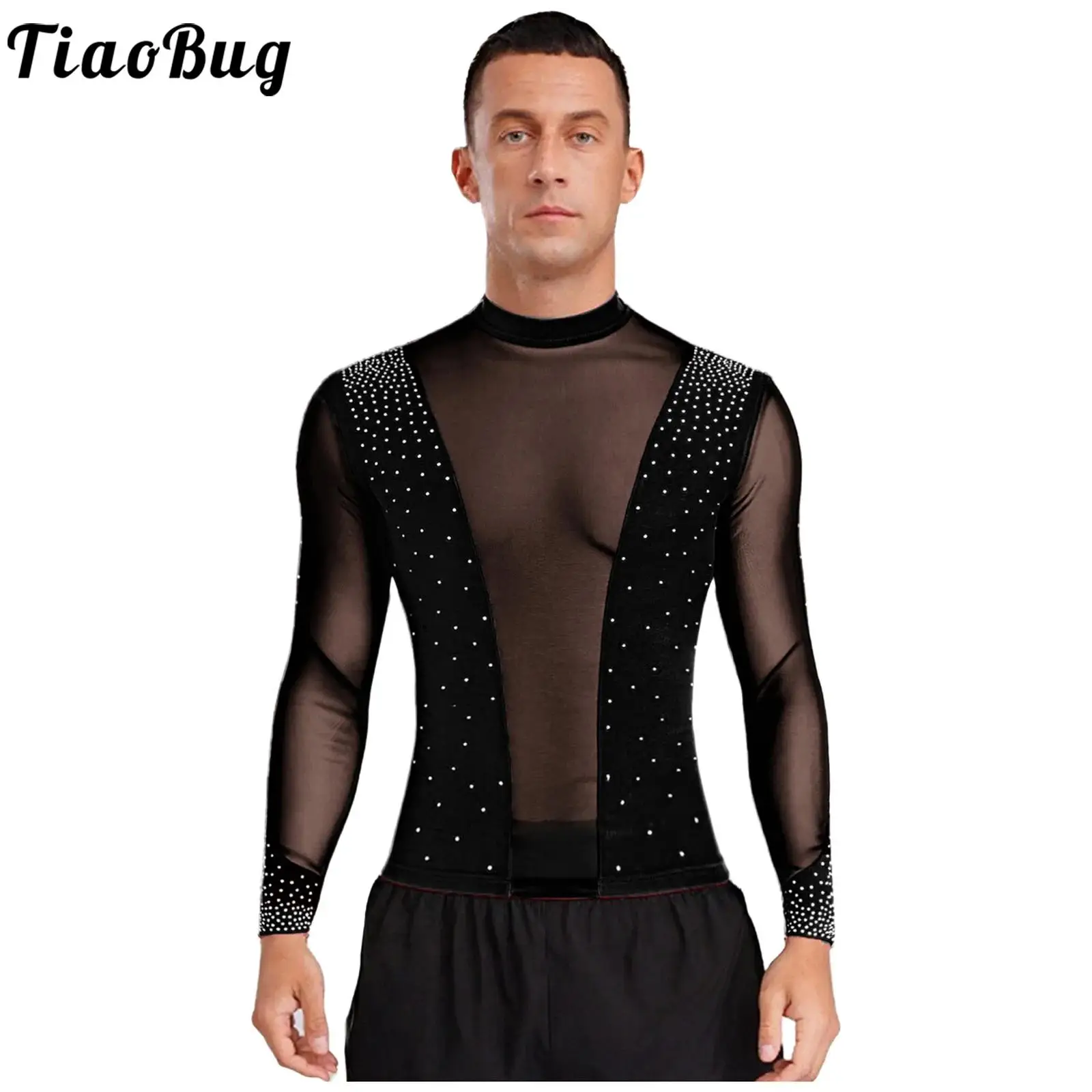 

Men Latin Dance Top Performance Costume Long Sleeve Sheer Mesh Patchwork Rhinestones T-shirt Blouse for Ballet Chacha Tango Jazz