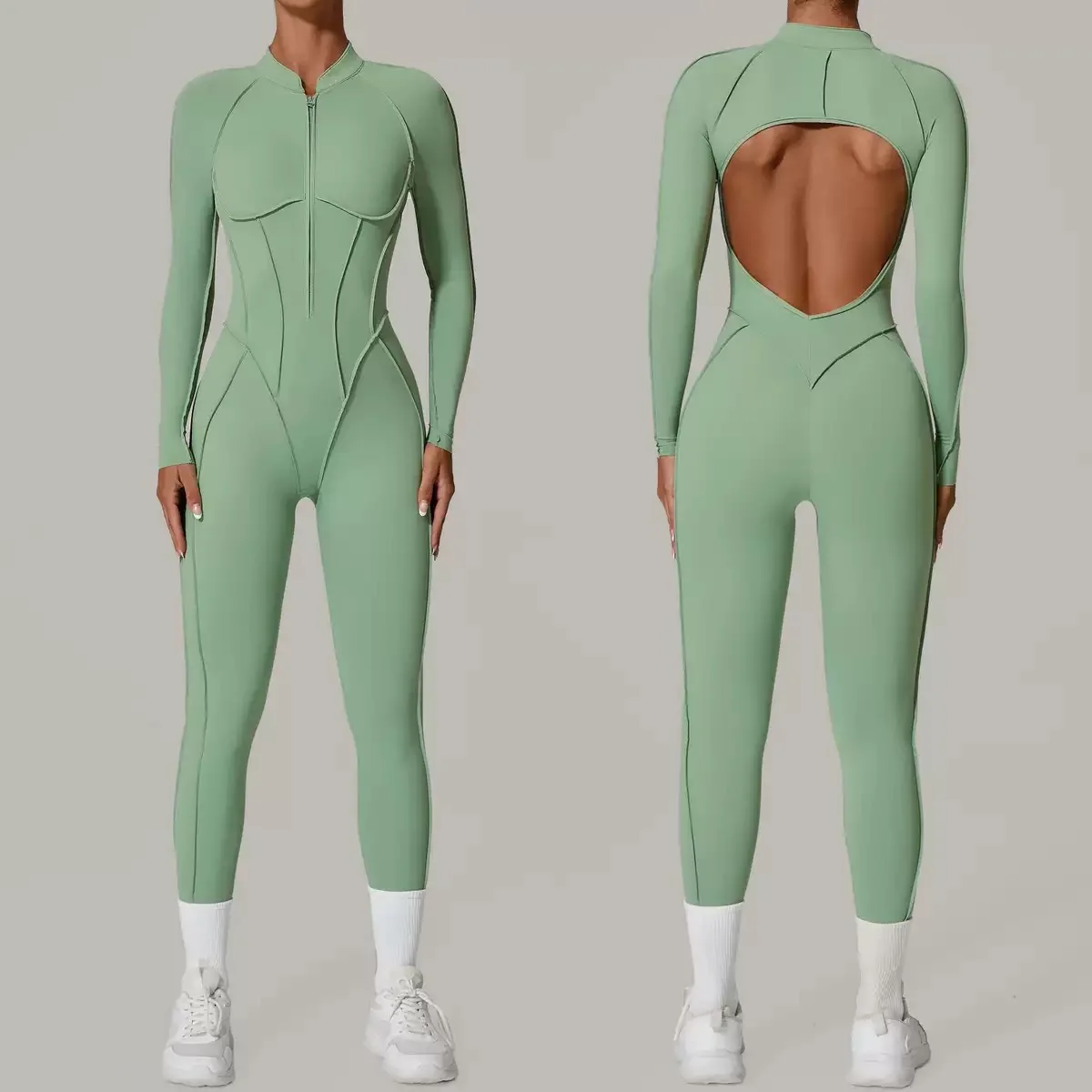 

Seamless Yoga Zipper Jumpsuits Sports Fitness Splicing Long-sleeved Beauty Backless One-piece Workout Gym Bodysuits for Women
