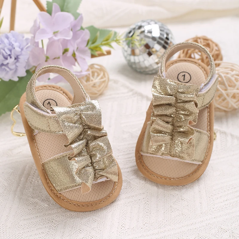 0-18M Baby Girl Summer Princess Sandals Oversized Glitter Bow Decor Adjustable Ankle Strap Non Slip Rubber Sole Outdoor Crib Foo