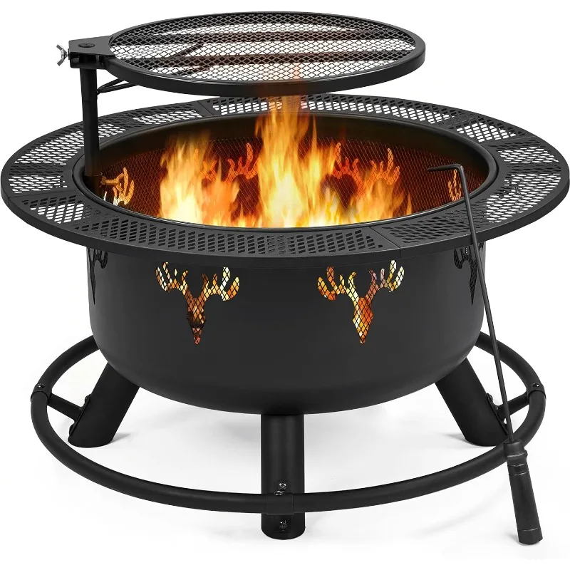 32in Fire Pit Outdoor Wood Burning Firepits Outdoor Fireplace with 18.5 Inch Swivel Cooking Grill Grate & Poker Fire Bowl for