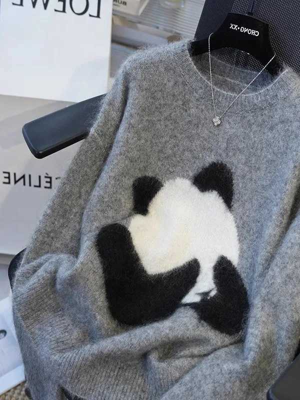 الكورية Sle المرأة محبوك سترة مطرزة الباندا الكرتون الخريف الشتاء Faionable عادية طويلة Sve جولة Ne الأعلى #1
