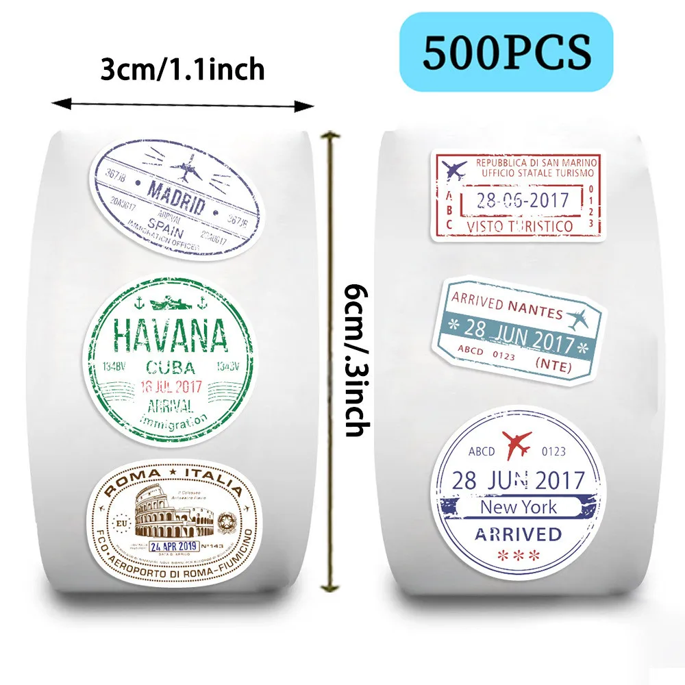Cute Passport Stamp Series Roll Stickers (500 Pcs/Roll) - PVC Decorative Decals for DIY Handmade Crafts Giajar Sticker Store