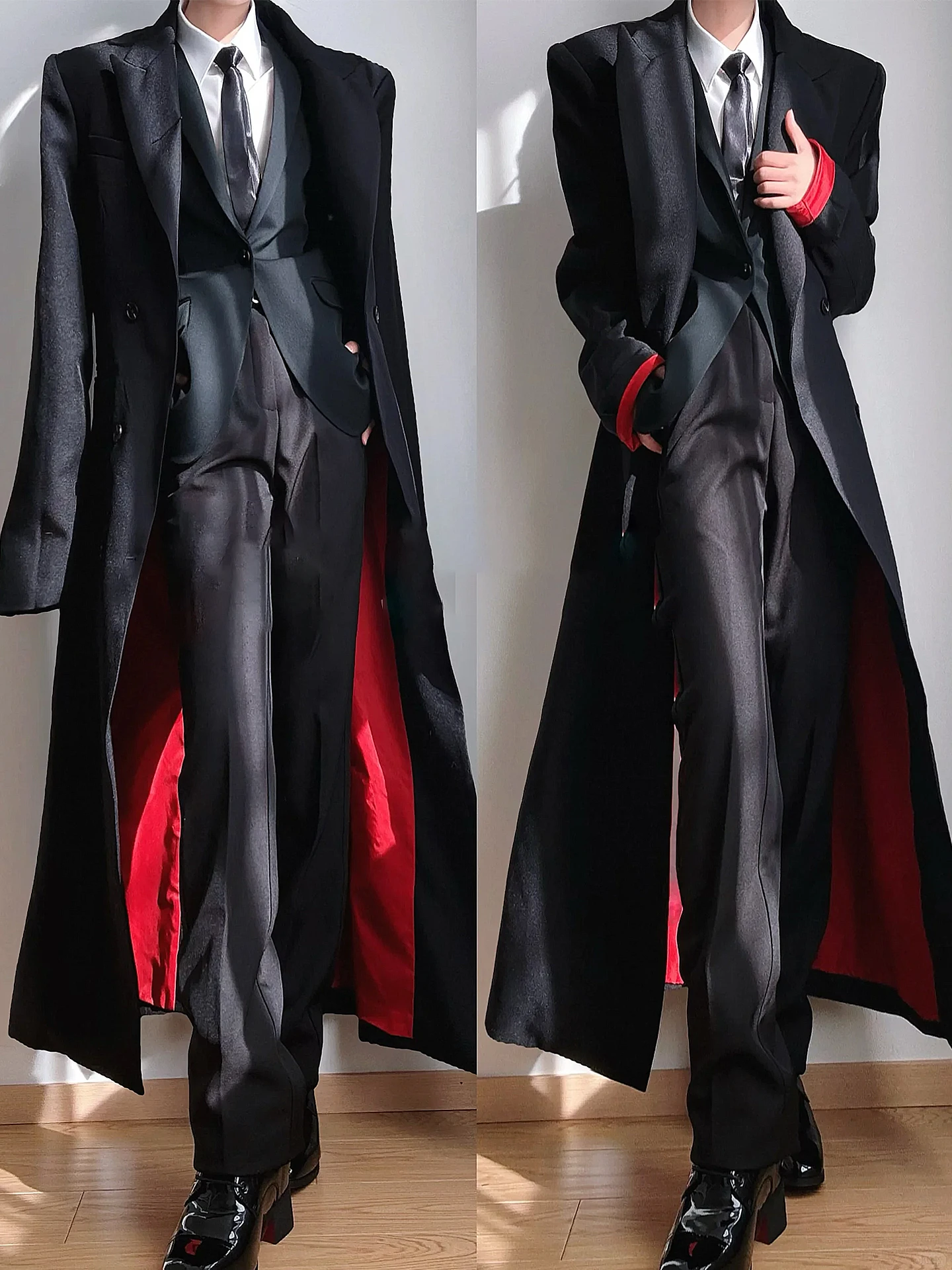 

Bla Woolen Coat over Knee Mid-Length Briti Sle Youth Faion Winter Coat for Men Knee-High Double Breasted Coat