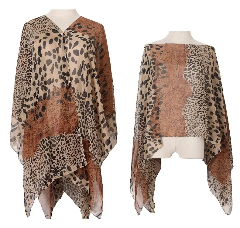 

Summer Women Sunscreen Shawl Leopard Print Imitation Silk Scarf Shawl Pearl Buckle Cloak Lady Poncho Capes Coffee