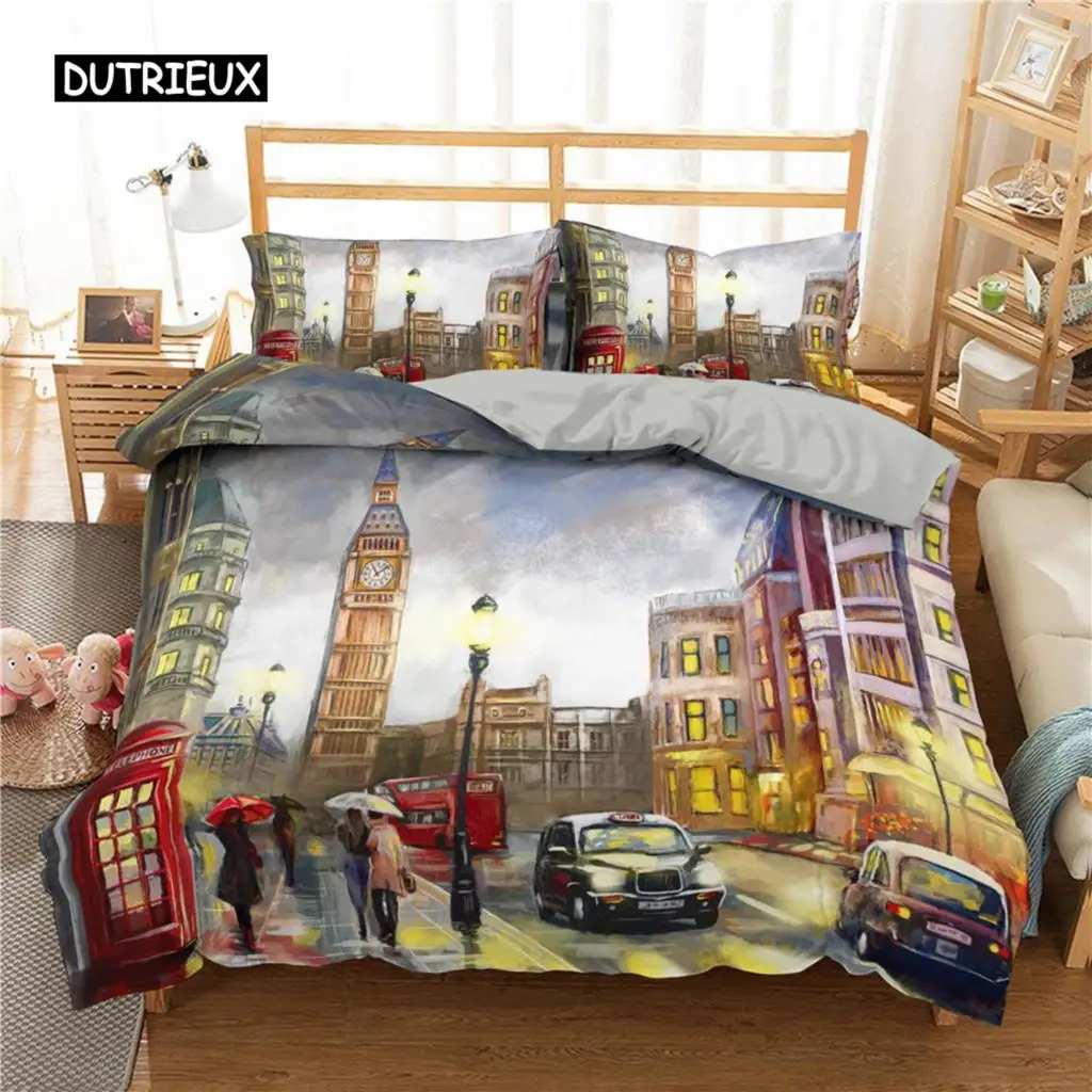 

Paris Duvet Cover Set Microfiber Paris Tower Oil Painting Bedding Set Car City Landscape Pattern Quilt Cover Queen King Size