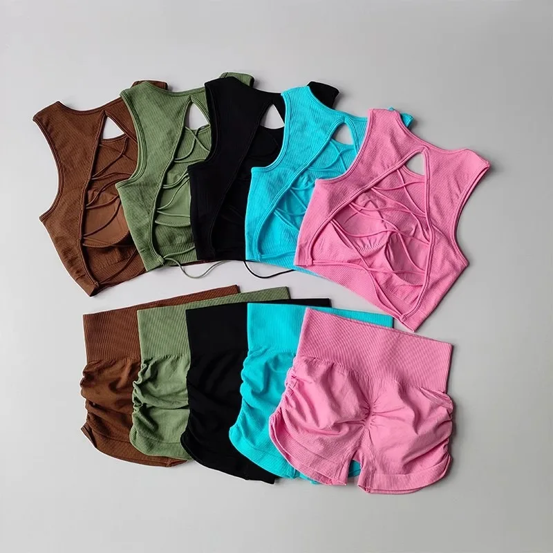 Sexy Fitness Suit Women with High-end and Integrated Cup Beautiful Back Lifting Buttocks Shorts Bras Fitness Suit Sports Vest
