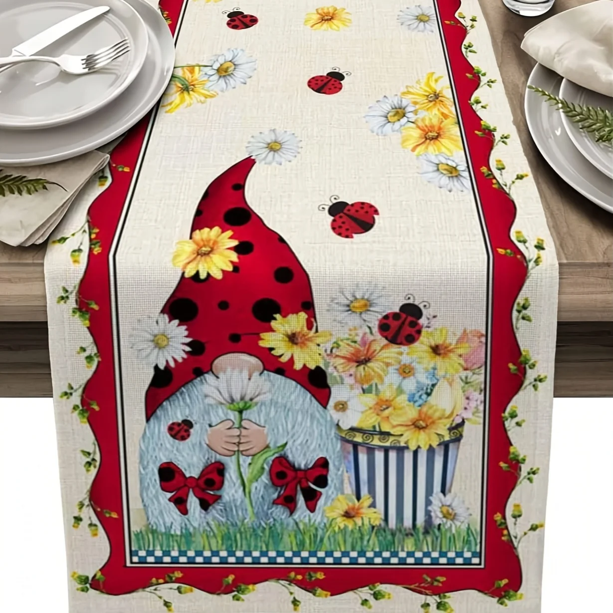 1pc Enchanting Gnome & Ladybug Table Runner - Spring Floral Design With Daisies Yellow Flowers And Red Polka Dots Perfect