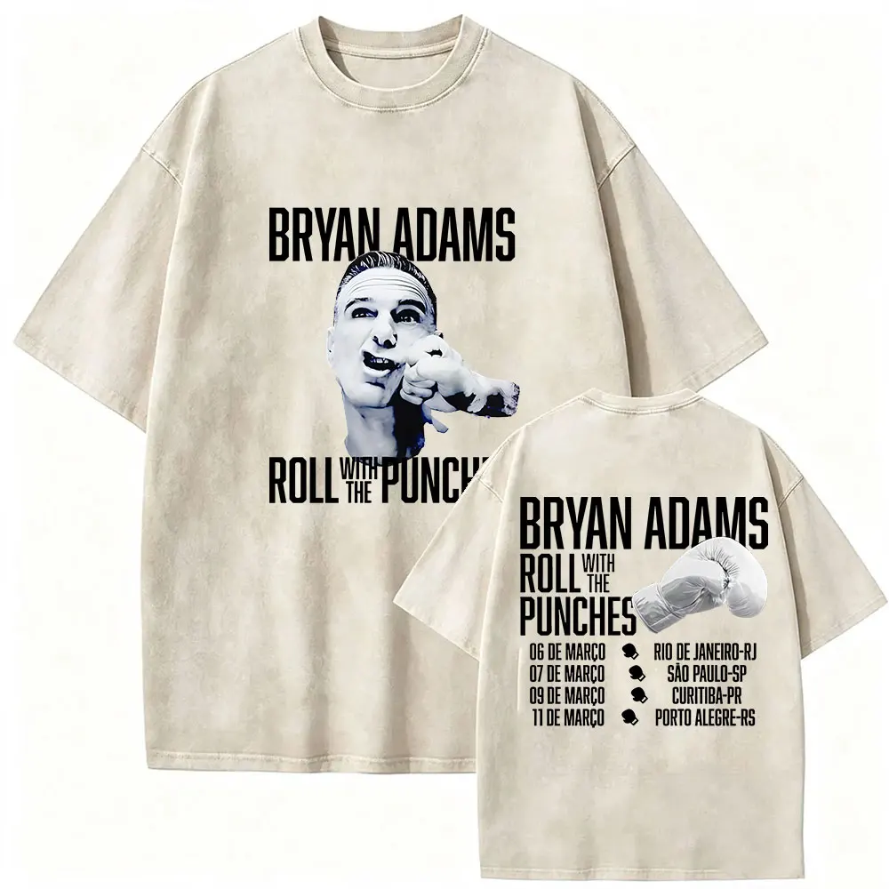 Vintage Washed Bryan Adams Roll with The Punches Tour 2026 Merch T Shirt Men's O-Neck Gothic Oversized Cotton T-shirt Streetwear