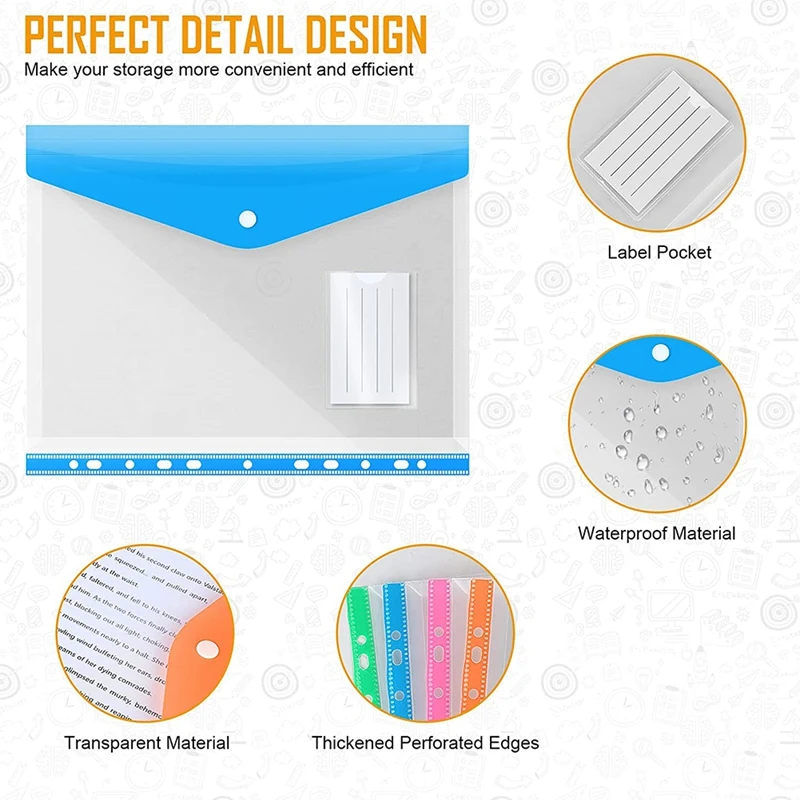 12Pack A4 Plastic File Folder,Expandable A4 Expandable Punched Pockets For A4 Folders,With Snap Closure And Label Pocket