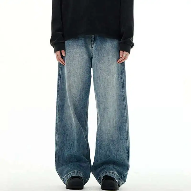 Novo lavado calças de brim retas masculinas na moda cor sólida estilo americano perna larga calças jeans versátil calças casuais