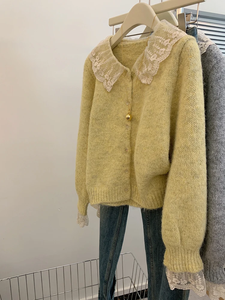 

Желтый свободный вязаный свитер с кукольным воротником, пальто, женская верхняя одежда, удобный ленивый топ высокого класса на осень-зиму