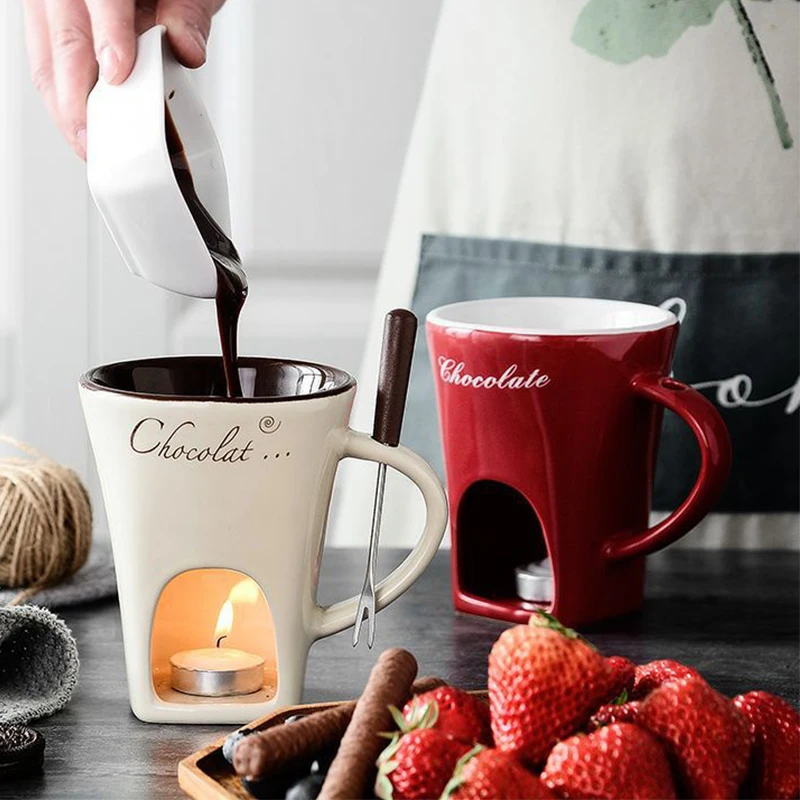 

130ML Sweet Chocolate Fondue Cup,Creative Ceramic Mug for Home Party,Chocolate Cheese Melting Supplies with Fork for Kitchen