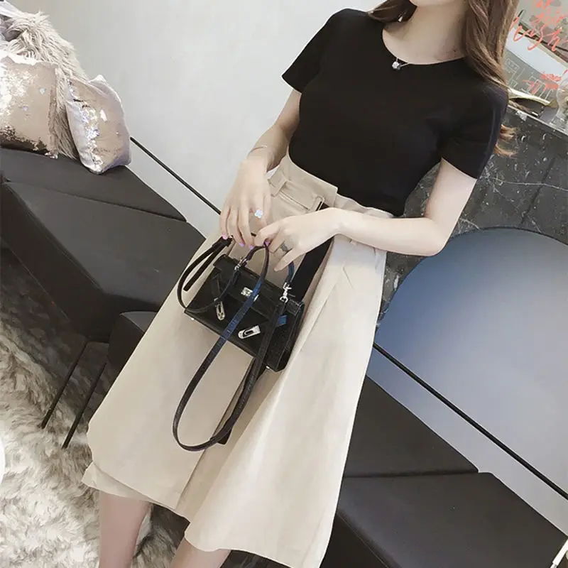 Summer New Fashion Ladies Suits Women High Street Round Neck Short Sleeve Slim T-Shirts Solid Color Korean Style A-line Skirt