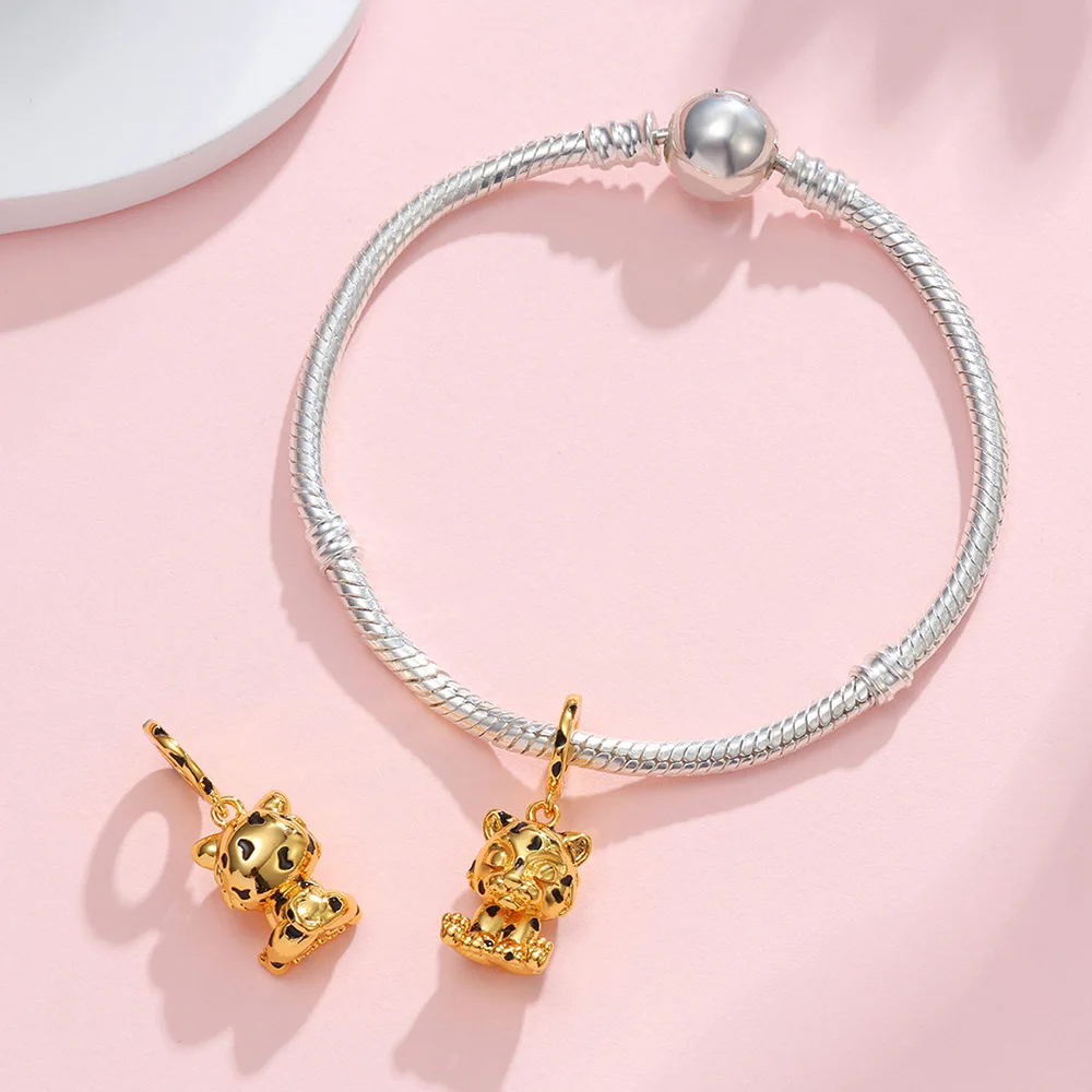 New 925 Sterling Silver Charms Golden Leopard Cub Pendant Beads Fit Bracelet Women's Diy Jewelry Love Daily Hot Gifts