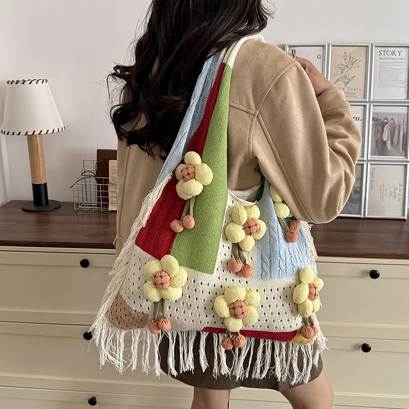 Handmade Crochet Tote Bag for Women Colorful 3D Flower Decor Fringe Edge Hollow Knitted Bohemian Daily Shoulder Handbag