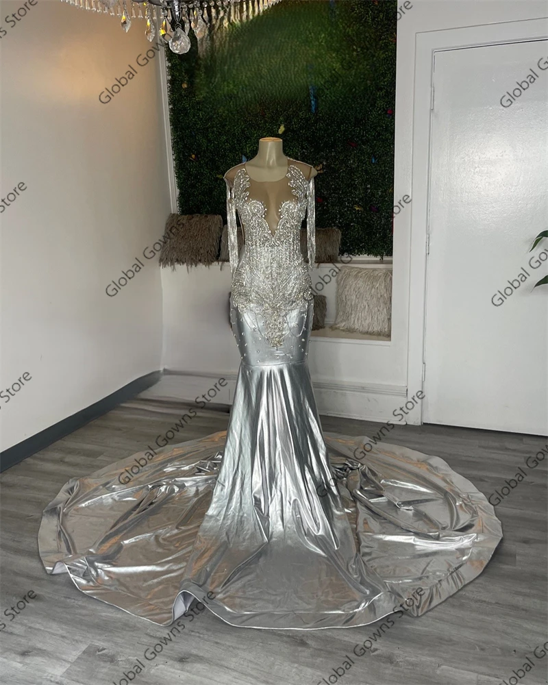 Robe de Rhlongue argentée pour filles noires, robe de soirée perlée, gland en cristal, robe de célébrité, fête d'anniversaire, tout ce qui est personnalisé, 2025