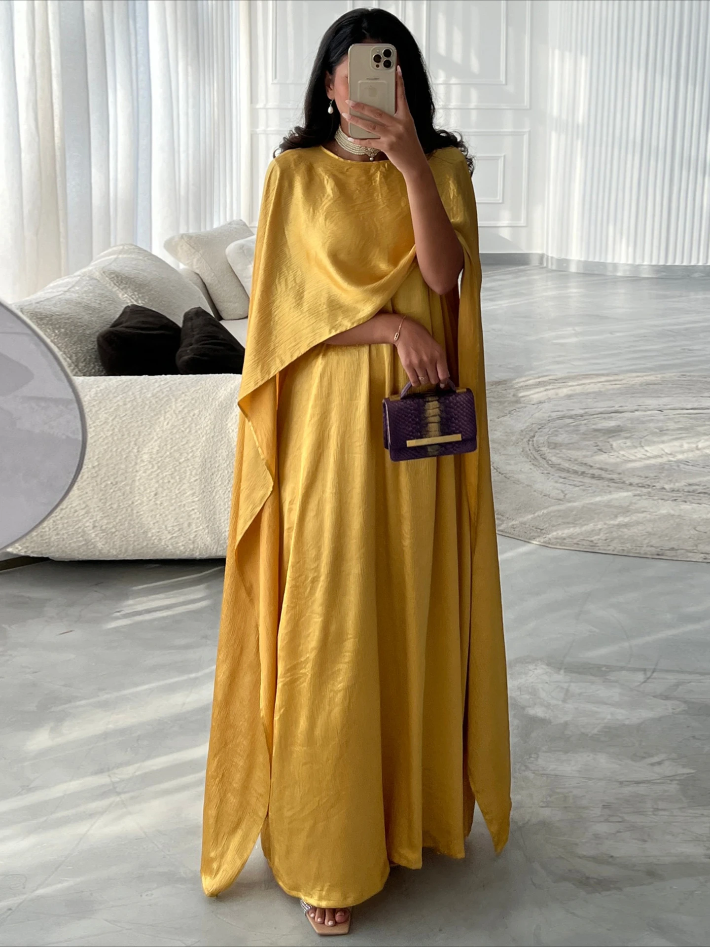 Muslim Clothing Robe Modest Long Sleeve Skirt Modern Fashion Satin Soft Waist Abaya Fashion Solid Splicing Dress 2025 New Style