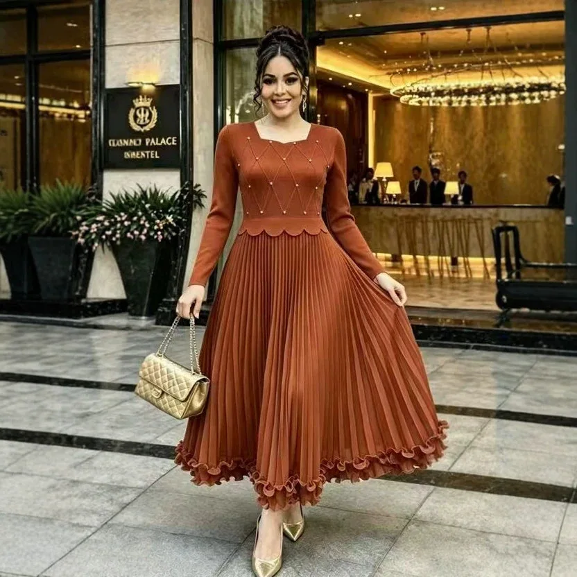 Miyake Loose Long-sleeved Women's Clothing Dress 2026 Autumn New Elegant Pleated Bead Dress