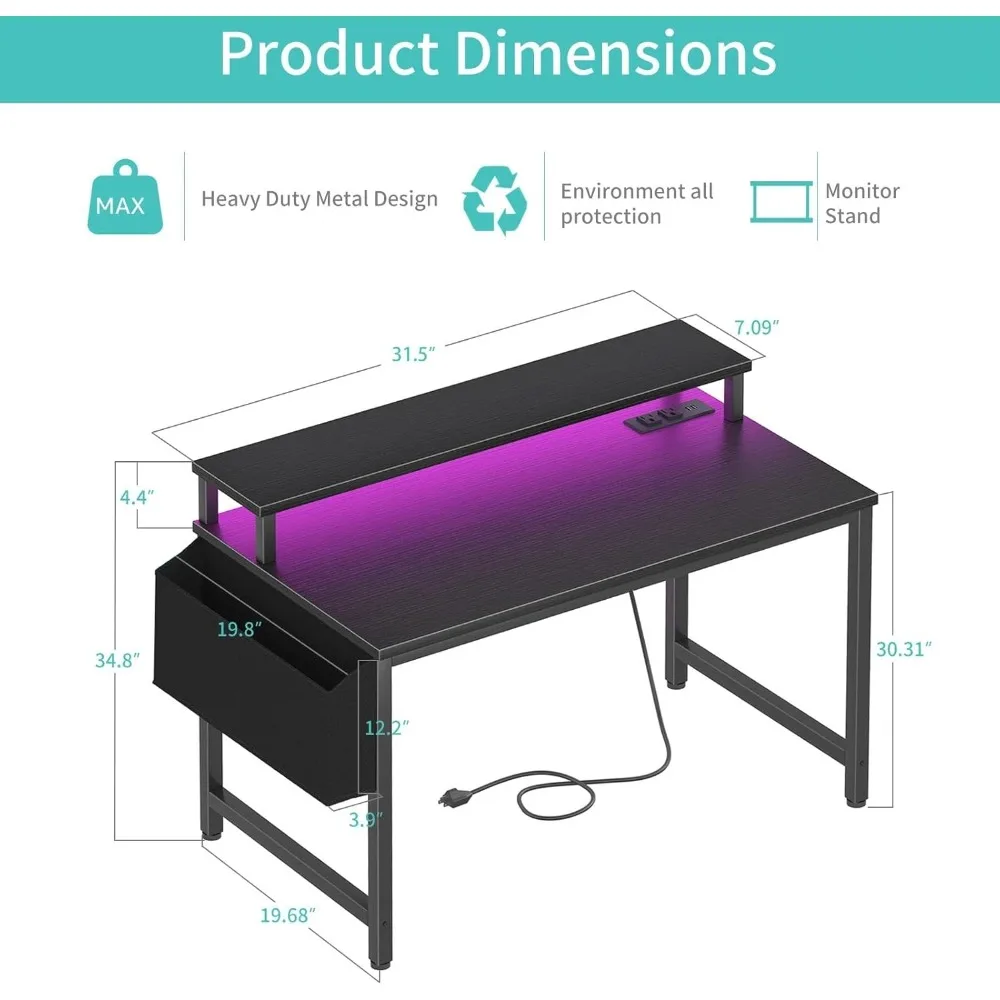 مكتب Lufeiya صغير مع منافذ طاقة وأضواء LED، طاولة دراسة للكتابة في سن المراهقة مقاس 32 بوصة، مكاتب كمبيوتر مكتبية منزلية مع شاشة S