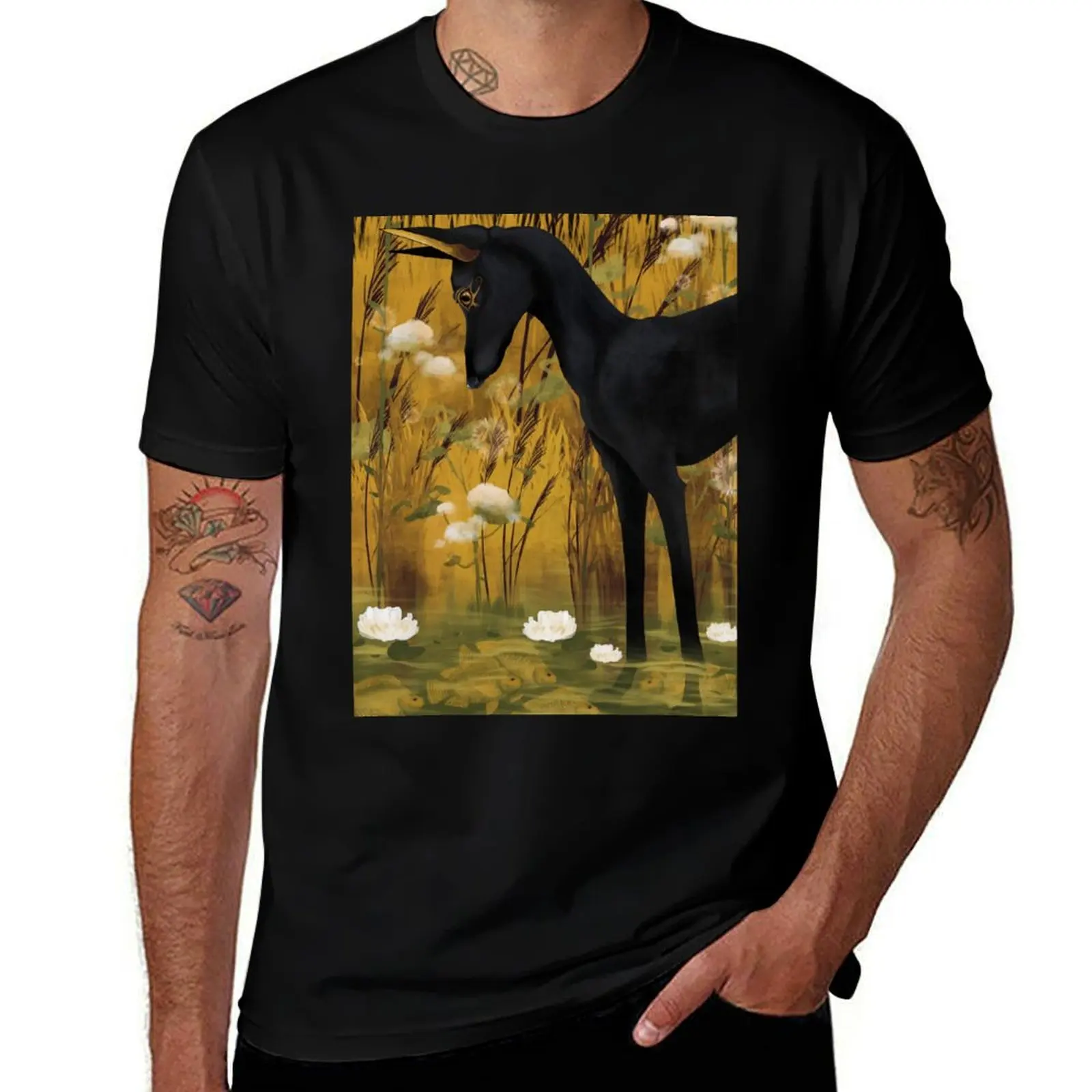 

Anubis in pond with tilapia T-Shirt cotton t shirts man 100% t shirts for man cotton T-Shirt
