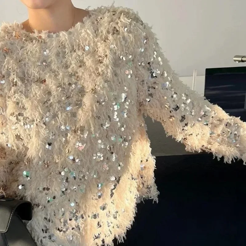 Neploe Heavy Sequin Tassel Sweaters Female Autumn New Oneck Loose Tops Women Y2k Fashion Long Sleeve Knitted Pullover