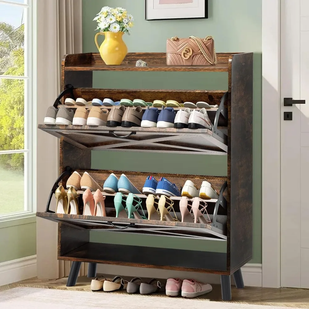 

Shoe Storage Cabinet with Flip Drawers, Farmhouse Slim Shoe Cabinet with Metal Legs, Freestanding Organizer