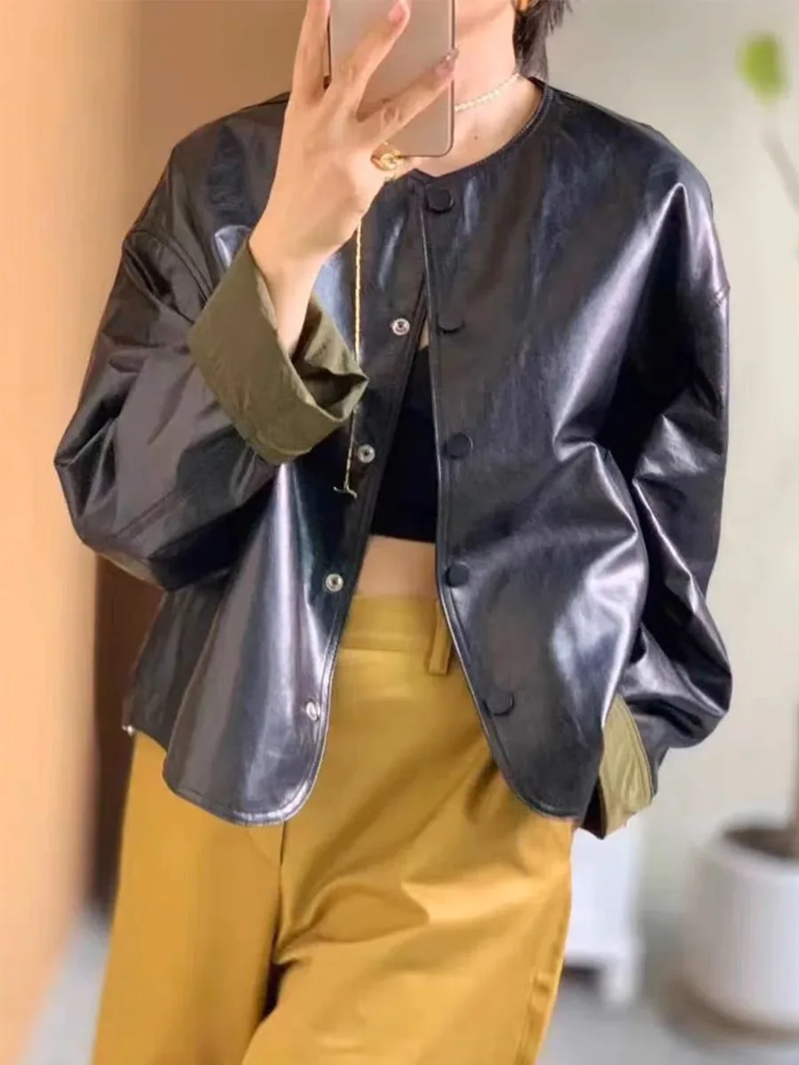 Hochwertige Lederjacke für Frauen 2025, O-Ausschnitt, Schaffell-Ledermantel, weiblich, locker, vielseitig, Jaqueta Streetwear