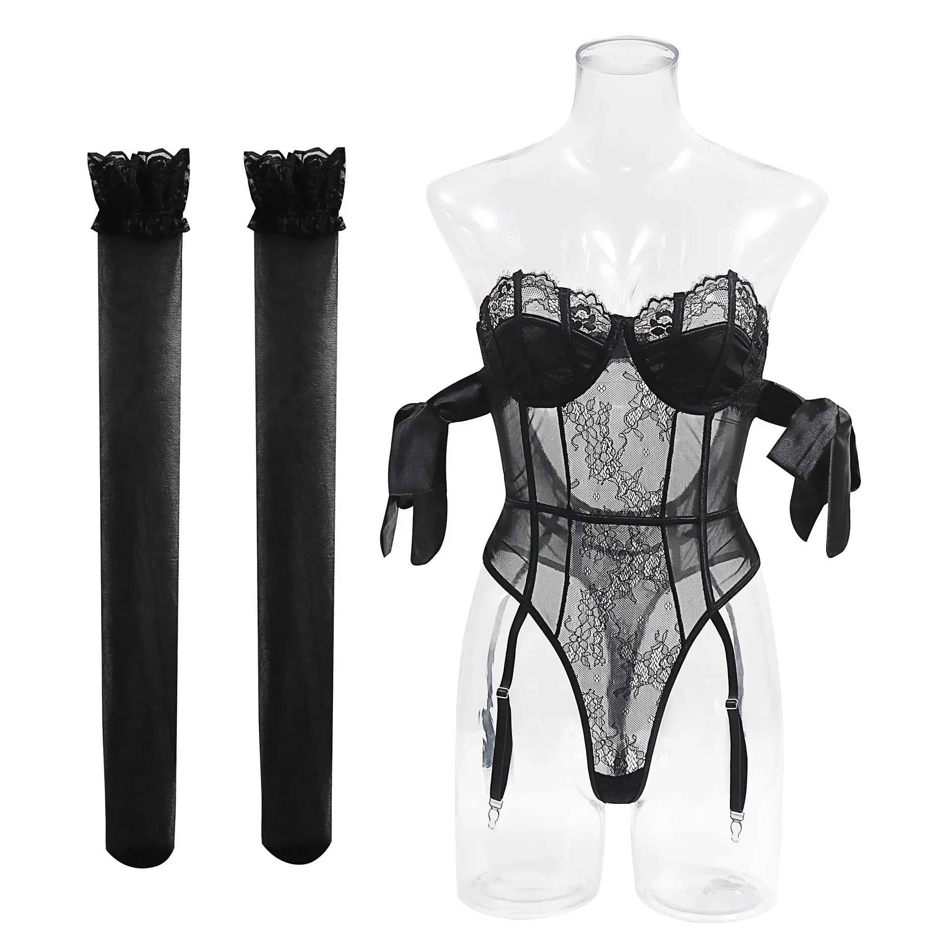 Sexy shapewear with butterfly bow and silk strap, sexy lingerie with stockings set  porno costume sexy women open  lace bodysuit