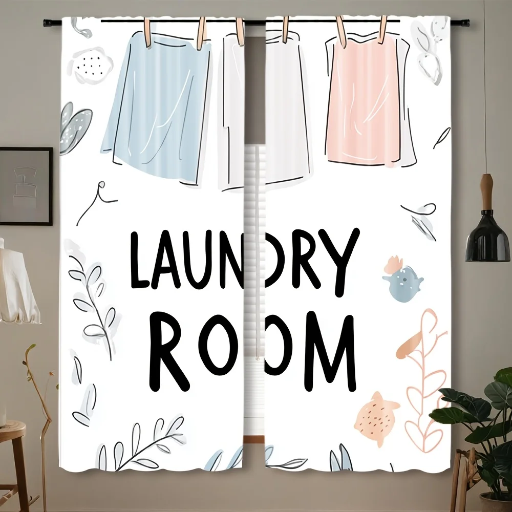 Watercolor Laundry Room Curtains Boho Window Panel Shower Curtain Utility Room Decor Washing Clothes Drying Pattern Curtain