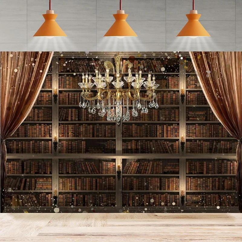 

Bookshelf Photography Backdrop Glitter Crystal Chandelier Library Bookcase Background Official Metting Home Party Decor Banner