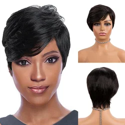 Perruque naturelle lisse avec frange, coupe Pixie, sans colle, faite Machine, bon marché, pour femmes noires