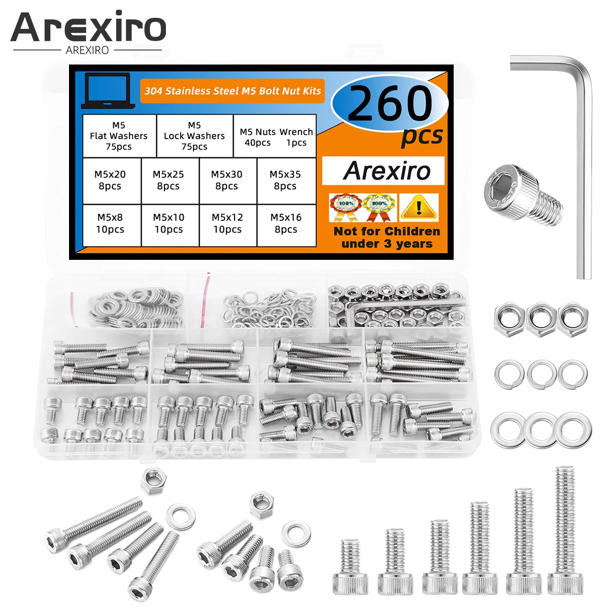 

260Pcs M5 Screw Combo Kit M5 Bolt Kit M5x 8/10/12/16/20/25/30/35 mm 304 Stainless Steel Hex Head Screw Nut Bolt & Washer Set