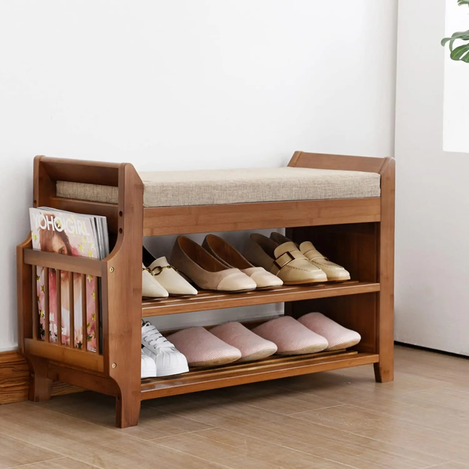 2Tier Shoe Rack Bench 31 Inch Entryway Bench with Storage Basket and Side Drawer Cushion Removable for Living Room Entrance Hall