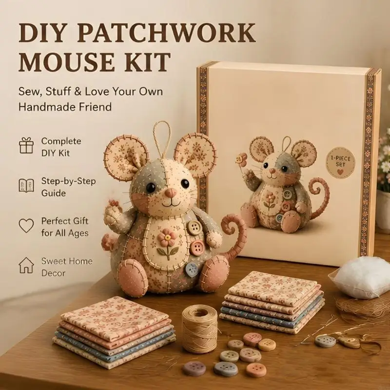 Old Patchwork Mouse Making Set With blossomy Patterns And Wooden Belly Button