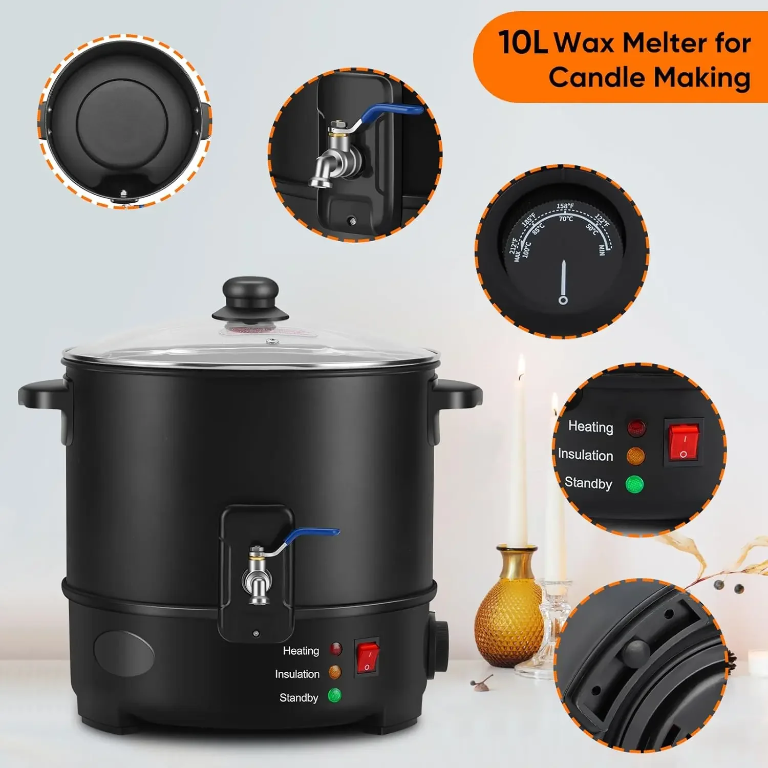 Candle Making Wax Melting Pot, 10L Wax Melter with Quick Pour Spout and Temp Control, Electric Non-Stick Soap Melter for soap Ma