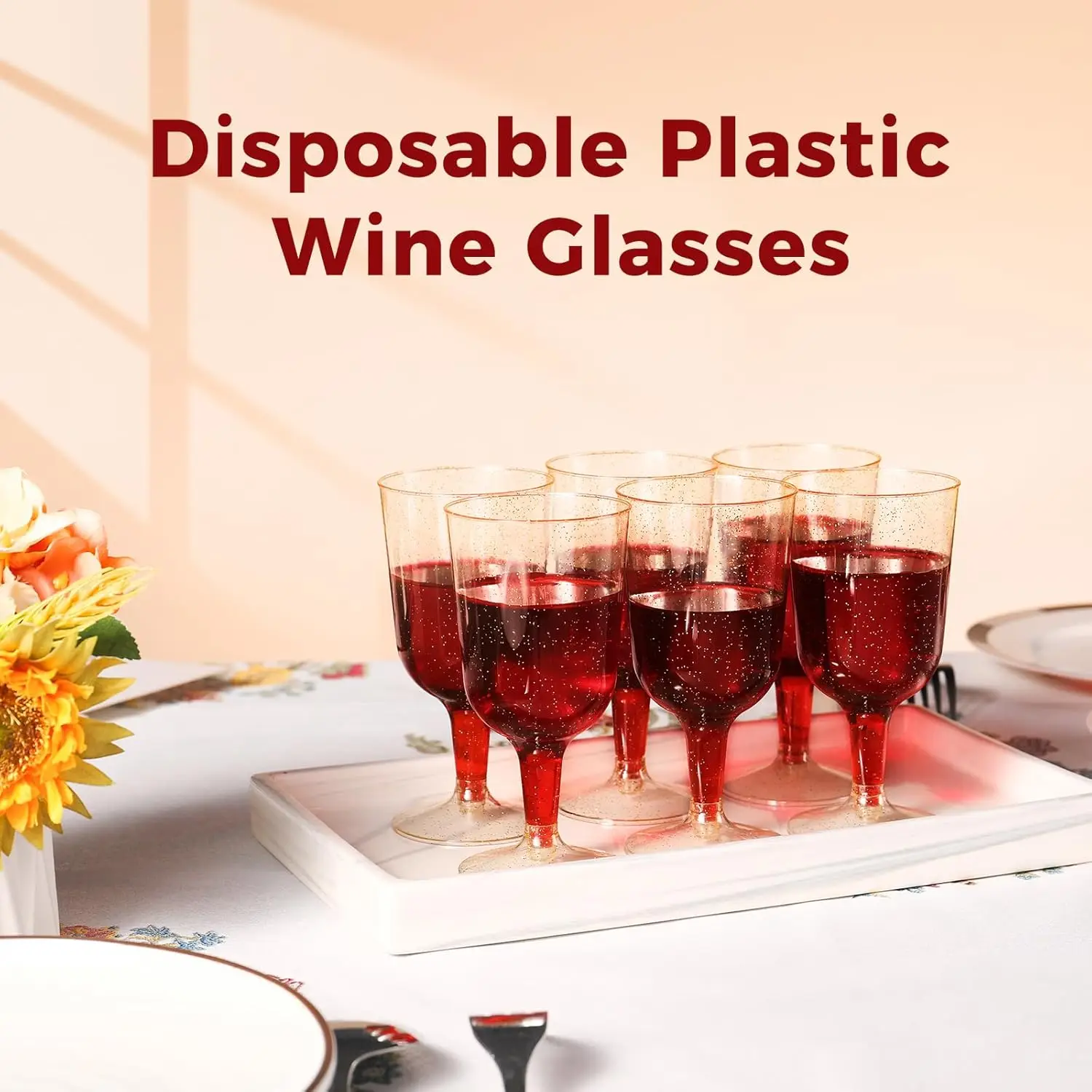25/50 Pack 6oz Plastic Wine Glasses–Disposable Gold Glitter Mini Stemware with Removable Base for Weddings, Parties, Champagne