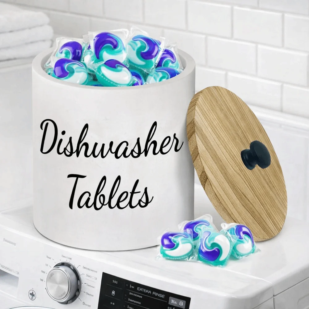 Wood Dishwasher Tablet Container Round Wide Opening Kitchen Storage Box Sealed with Lid Laundry Pods Container Apartment
