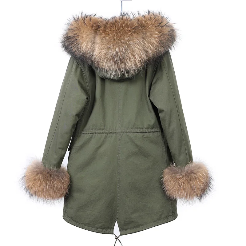 2023 Woman Parka Long Puffer Coat Winter Hooded Thick Natural Real Raccoon Fur Collar Placket with Cuffs Down Jacket