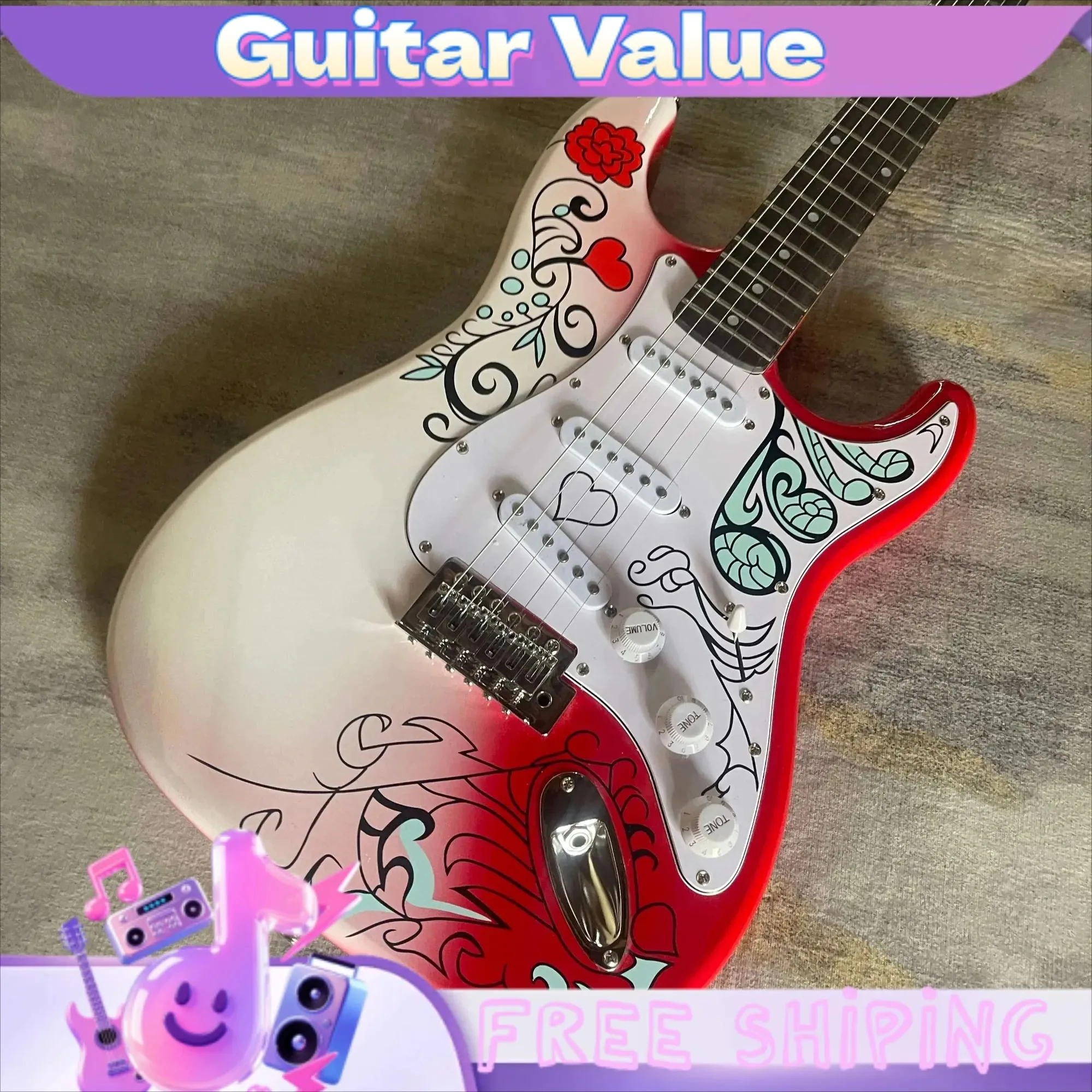 Special Offer Gloss Red-white Gradient Paint STS9 Electric Guitar Solid Wood Body SSS Pickup Beginners Entwined Pattern Paint