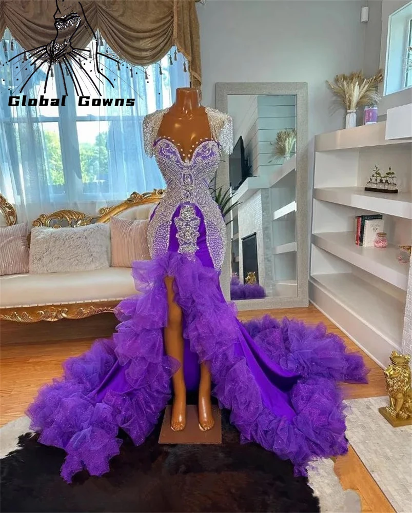 Purple Long Prom Dress 2025 Beaded Rhinestone Birthday Party Dresses Crystal Ruffles High Slit Evening Gown Customized