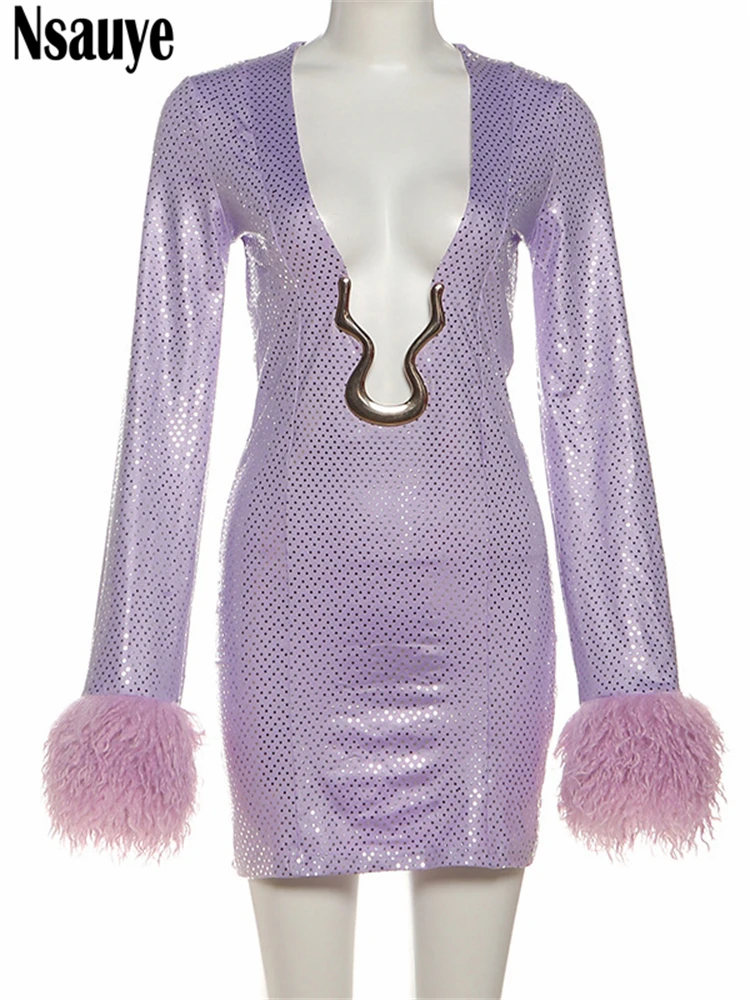 Nsauye baixo corte sexy feminino glitter moda lantejoulas festa noite clube vestido penas retalhos manga longa mini vestido