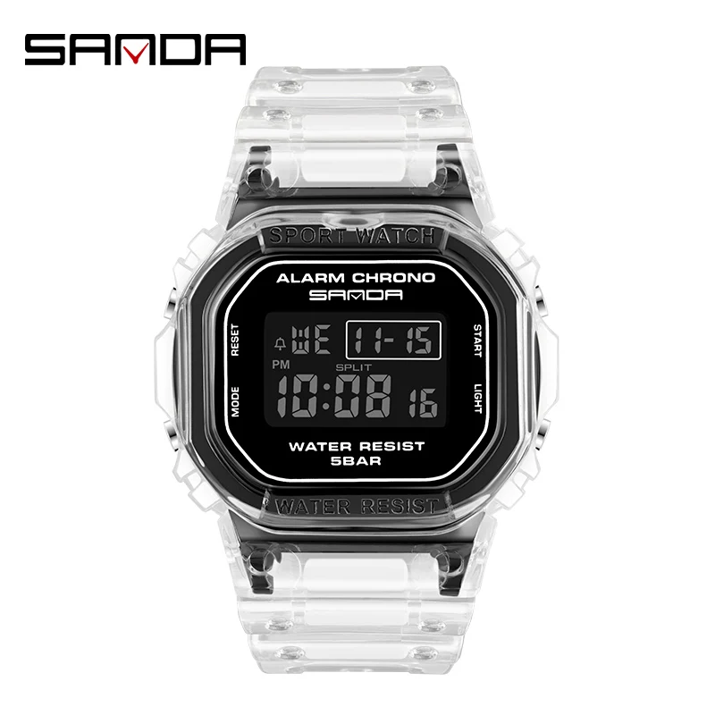 SANDA 2009 Fashion Sports Watch Enthusiast Gift Transparent Strap LED Digital Waterproof Ladies Electronic Watch Men's Watch