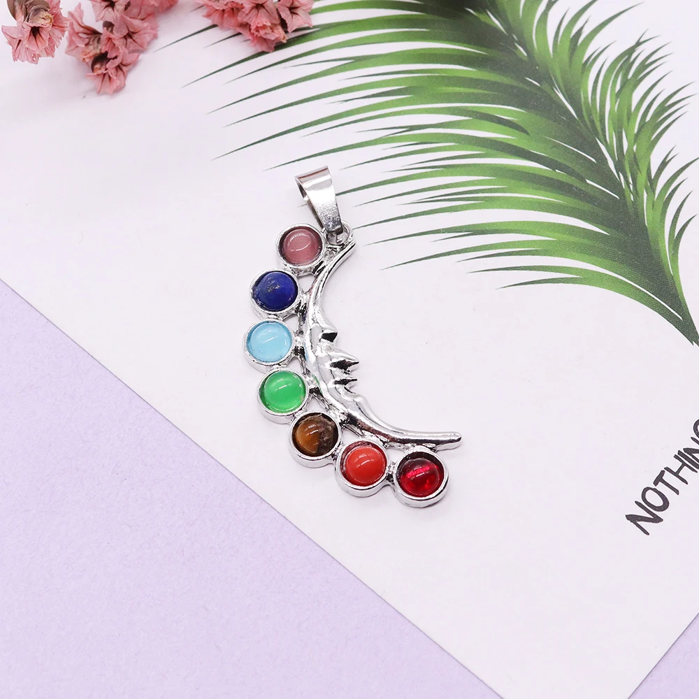 Natural Stone 7 Chakra Moon Pendant Yoga Handmade Wire Wrapped Seven Chakra Crystal Beads Charms for Jewelry Making DIY Necklace