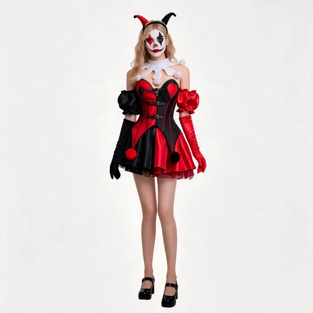 Halloween Clown Cosplay Costume Women Red Black Dress Gothic Horror Joker Party Carnival Outfit